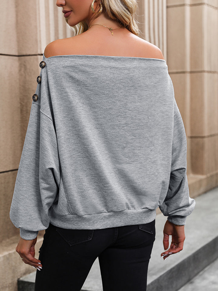 Off-shoulder long-sleeve button blouse in cloudy blue, relaxed back view