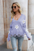 Lavender distressed long sleeve sweater with daisy appliques and scalloped hem detail