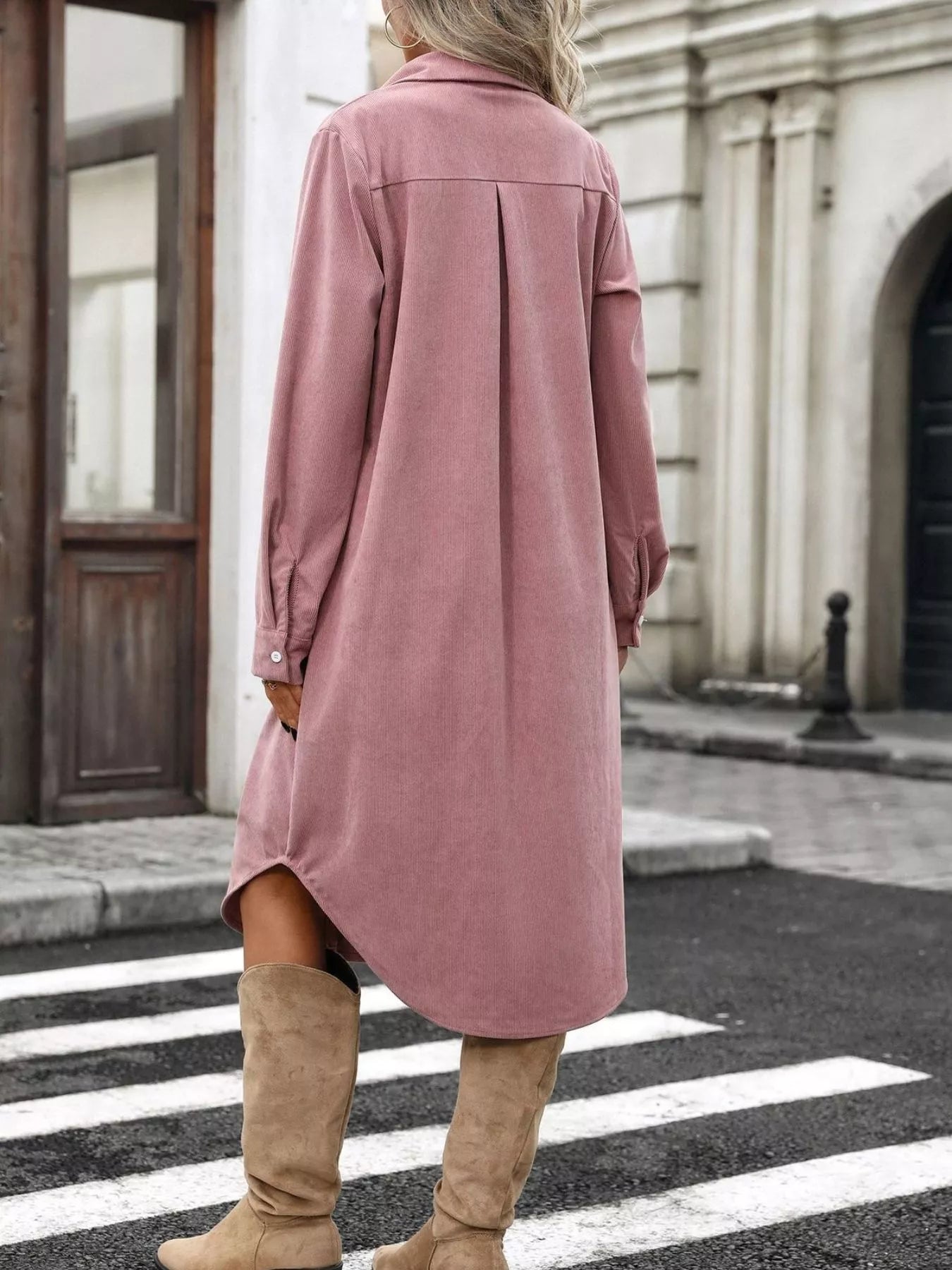 Dusty pink corduroy shirt dress, button-front, long sleeves, side slits
