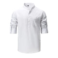 Men's mandarin collar roll-up sleeve shirt, white, front button placket and pocket