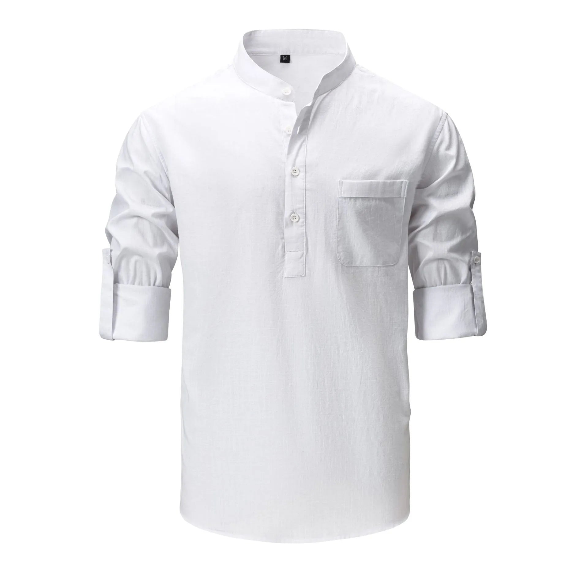 Men's mandarin collar roll-up sleeve shirt, white, front button placket and pocket