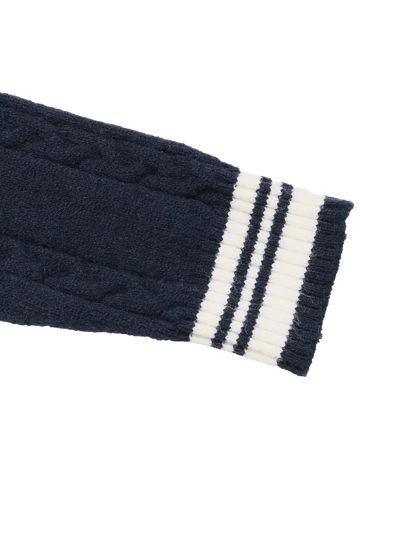 Dark blue sweater sleeve with contrast triple stripe cuff