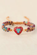 Multicolor braided bracelet with gold-tone clasp and red heart natural stone pendant