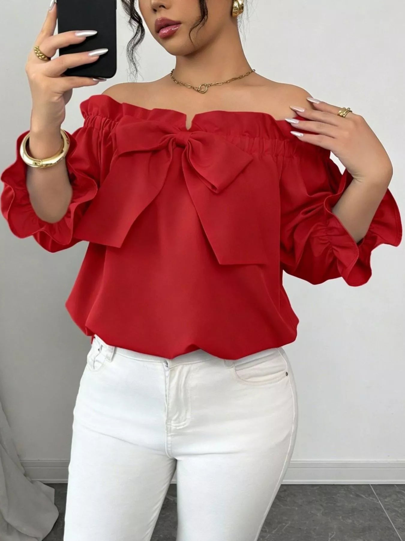 Bow Flounce Sleeve Blouse in red off-shoulder with large front bow, ruffled sleeves