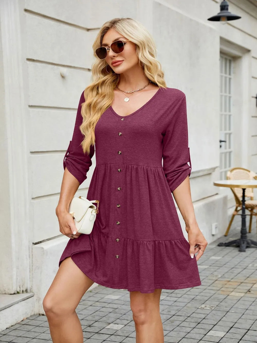 Tiered ruched V-neck mini dress by Trendsi in burgundy.