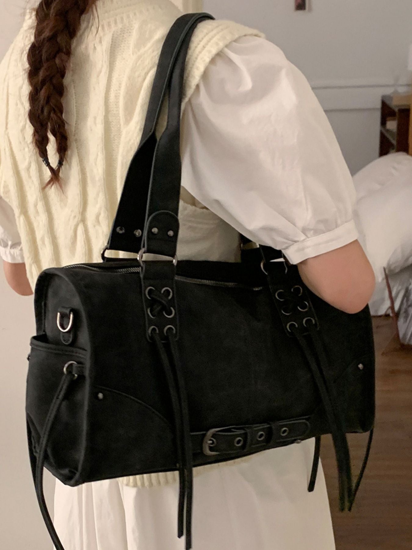 Lace Up Shoulder Bag in black PU leather with silver hardware by Trendsi