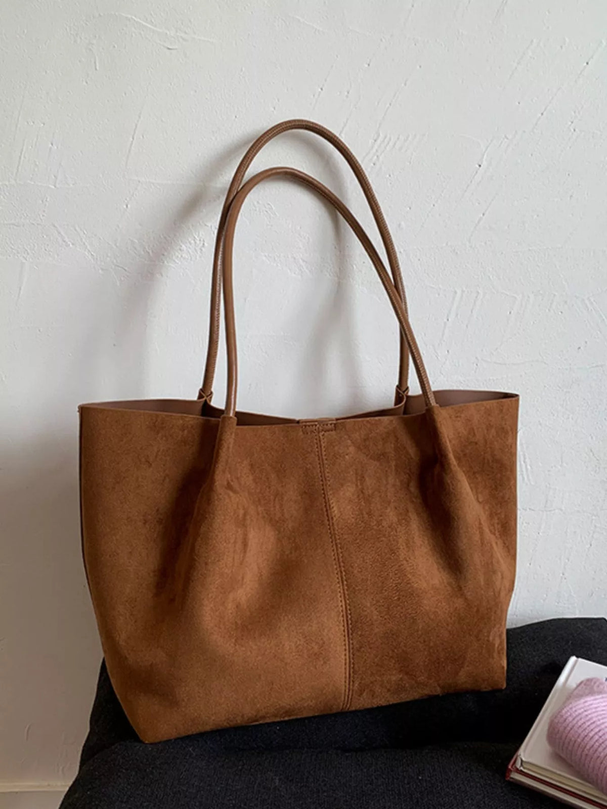 Brown suede large tote bag with structured sides and double top handles