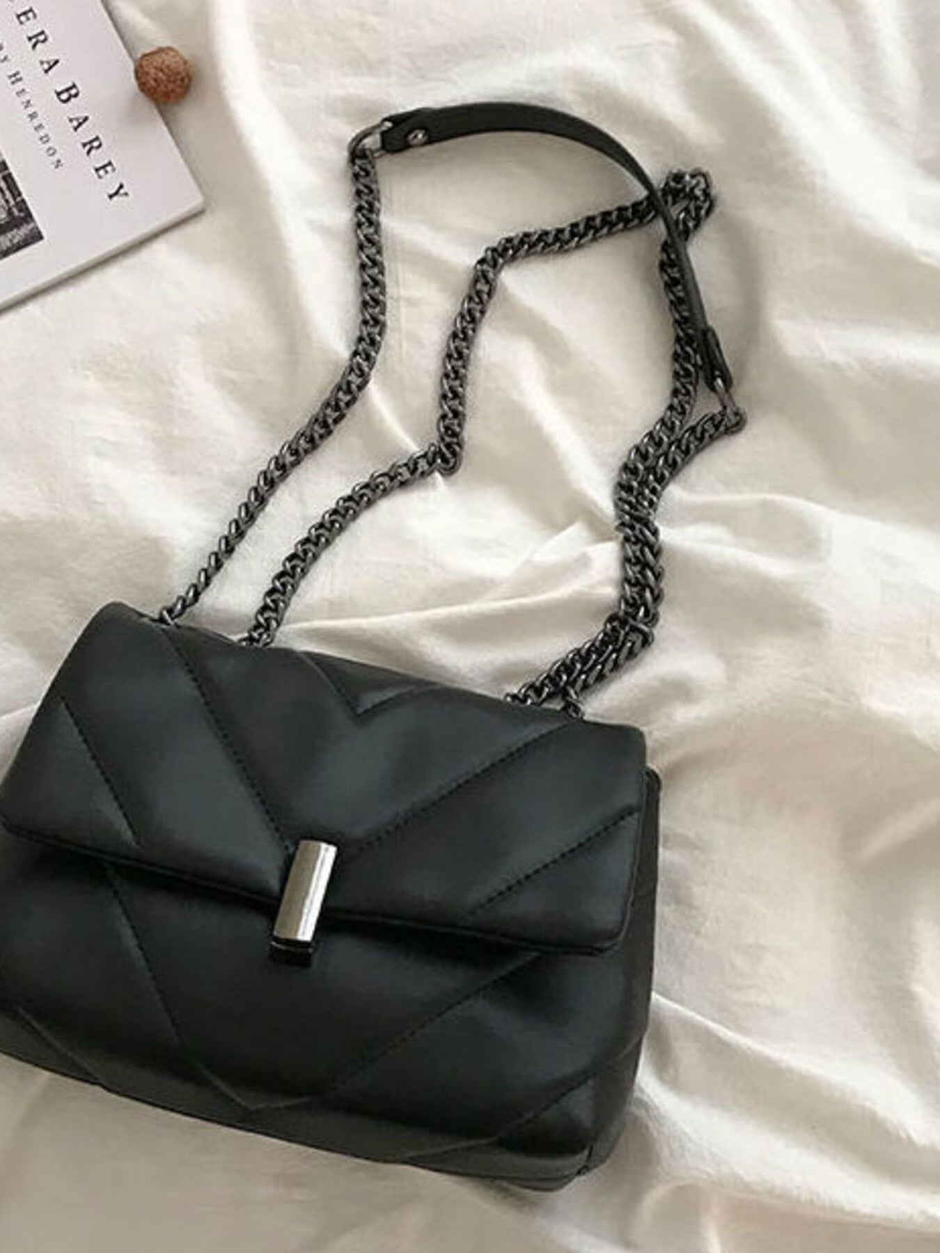 Quilted chain-strap shoulder bag in black PU leather with silver-tone hardware
