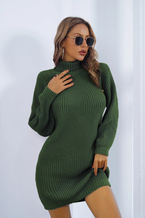 Green knit turtleneck sweater dress with long sleeves, side buttons and fitted shape