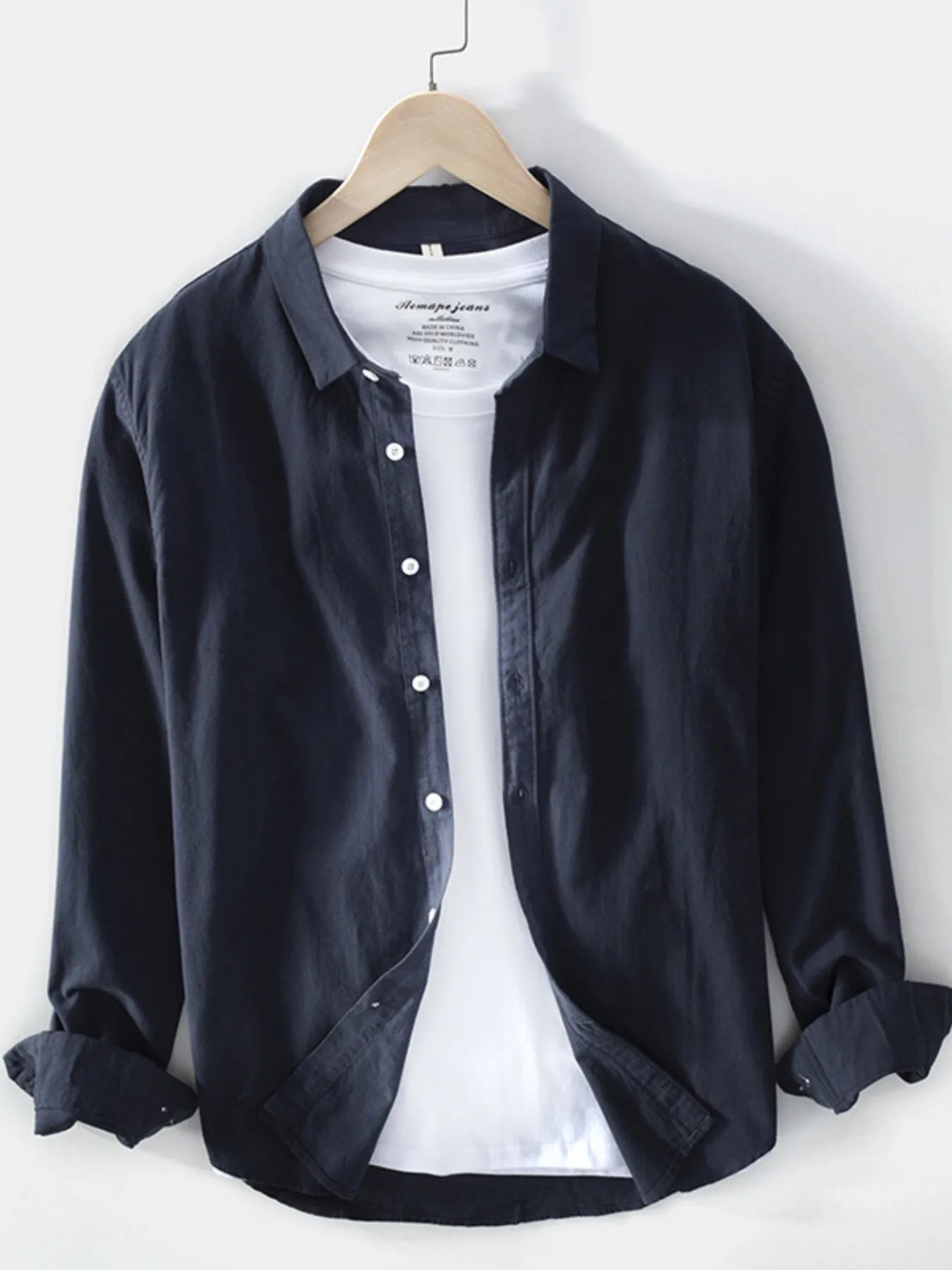 Men's plus size long-sleeve button-up shirt, navy, button-front and button cuffs