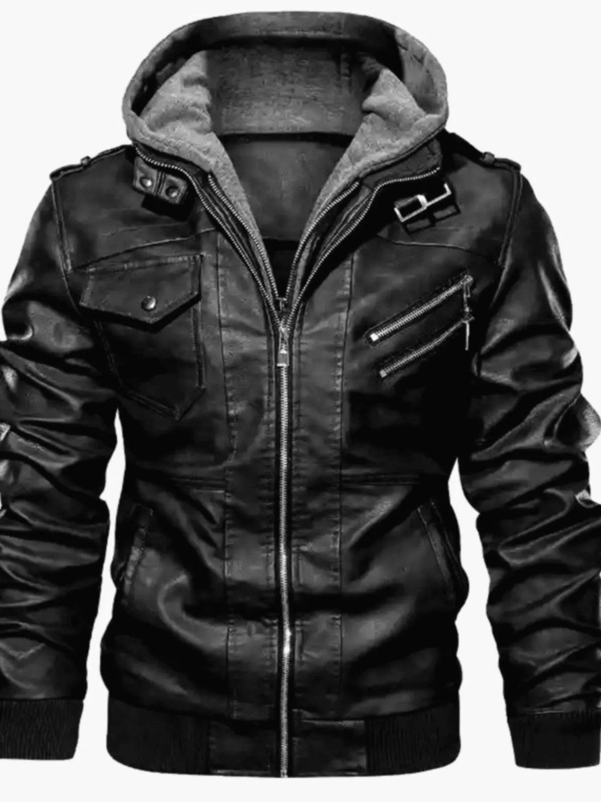 Men's hooded moto jacket in dark vegan leather, zip front and multiple chest pockets