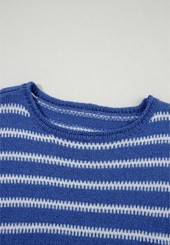Blue striped knit sweater with round neck and ribbed trim
