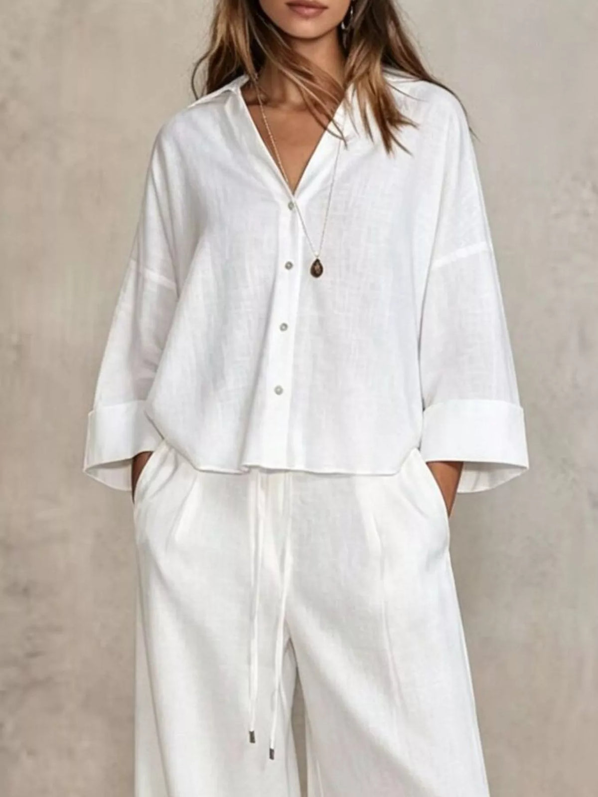 White wide leg button-down shirt and pants set, loose shirt with rolled sleeves