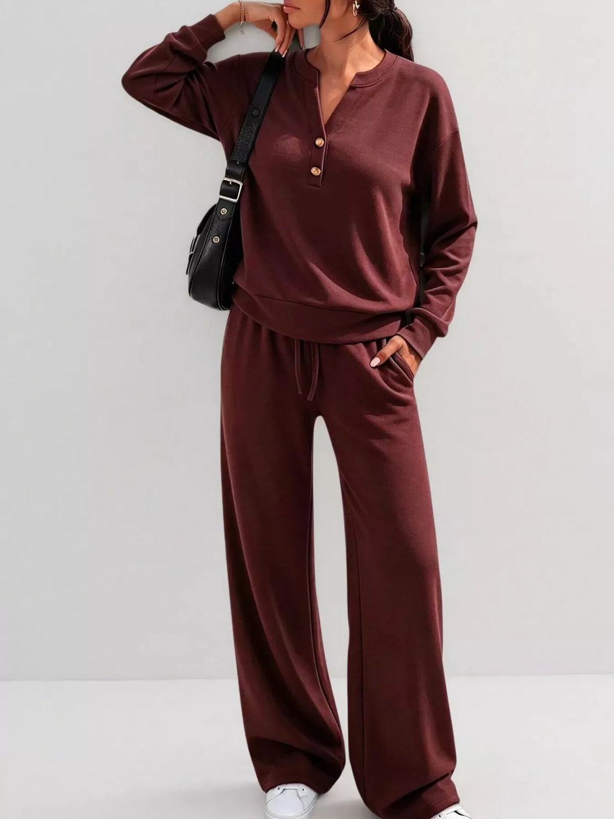 Burgundy button-detail top and wide-leg pants set with drawstring waist and long sleeves
