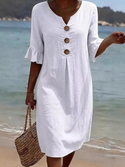 White midi dress with button placket and ruffle sleeves