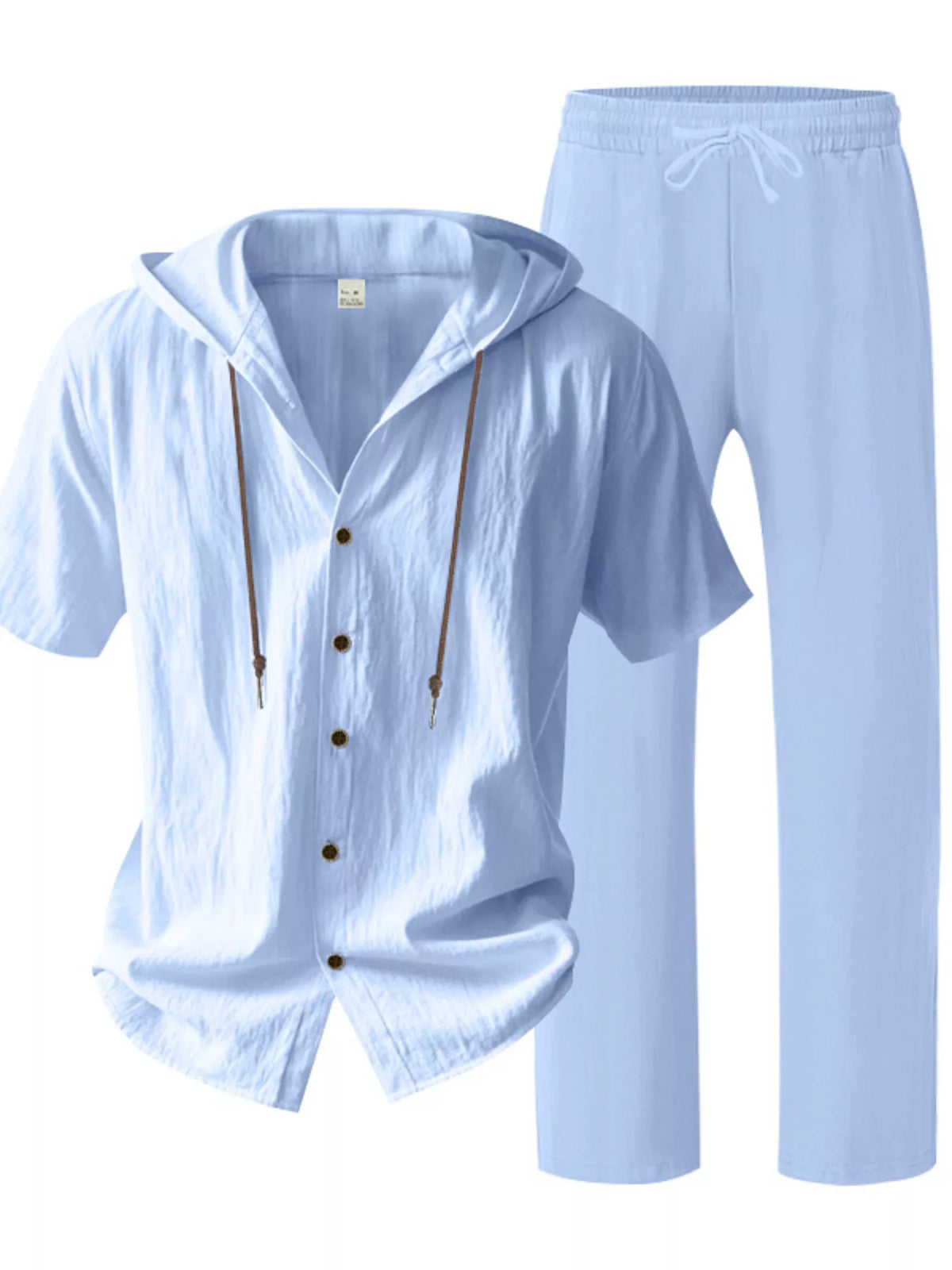 Light blue linen hooded button-up set: short-sleeve shirt with drawstring hood and pants