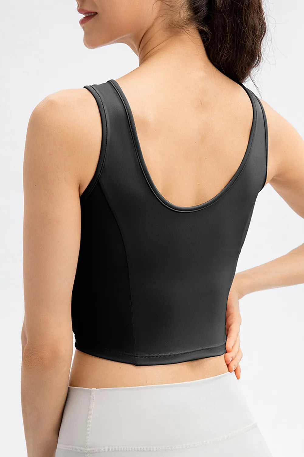 Black active tank top, wide back straps and round neckline