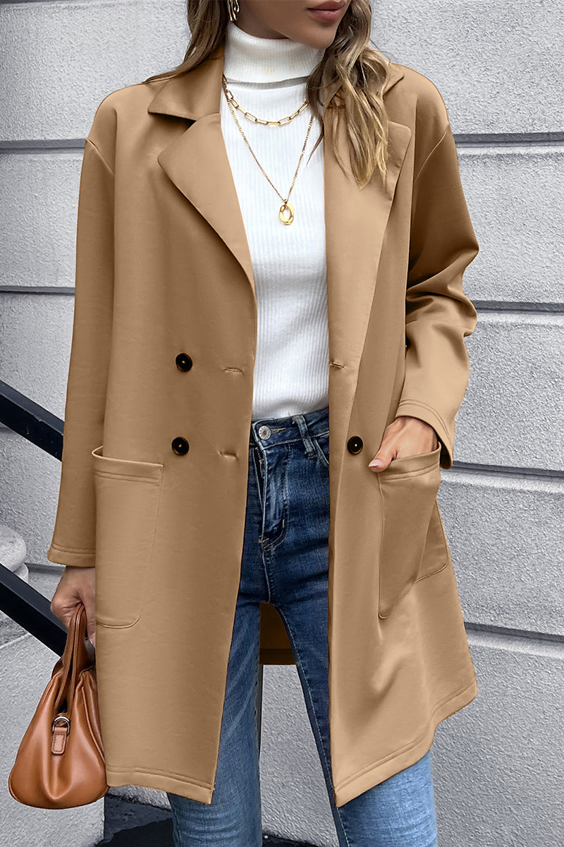 Camel double-breasted lapel blazer with long sleeves, two front pockets, button closure