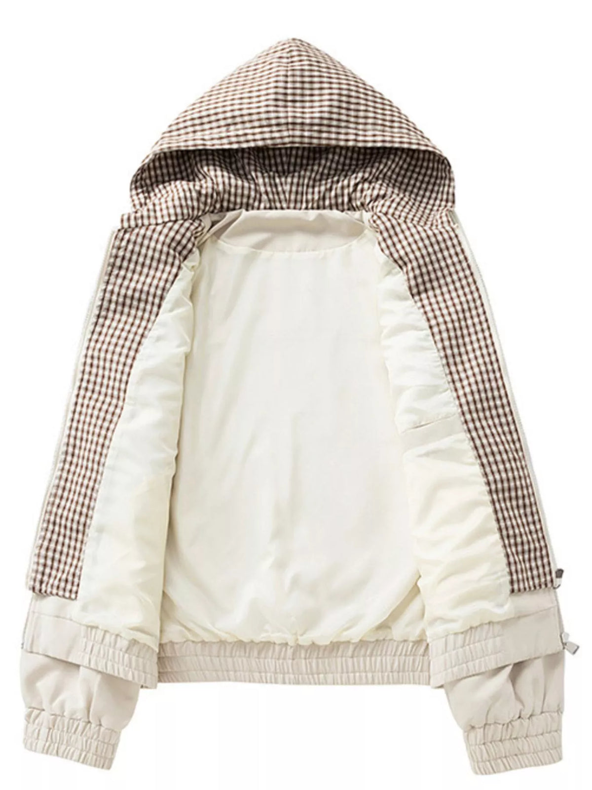 Cream hooded zip-up jacket with plaid lining, full front zip, and ribbed cuffs