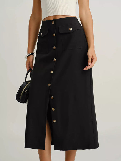 Black button-front midi skirt with front center buttons and side slit