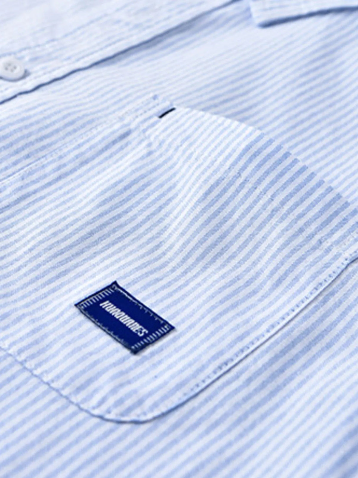 Mens blue striped cotton shirt label on chest pocket