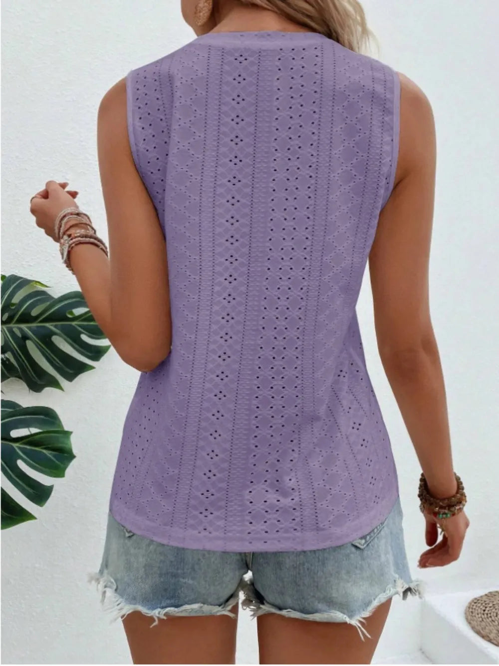 Eyelet round-neck tank in mauve lilac, sleeveless with vertical eyelet detailing on back