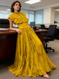 Cedar & Moore Yellow lace maxi dress with ruffled mock neck, floor-length