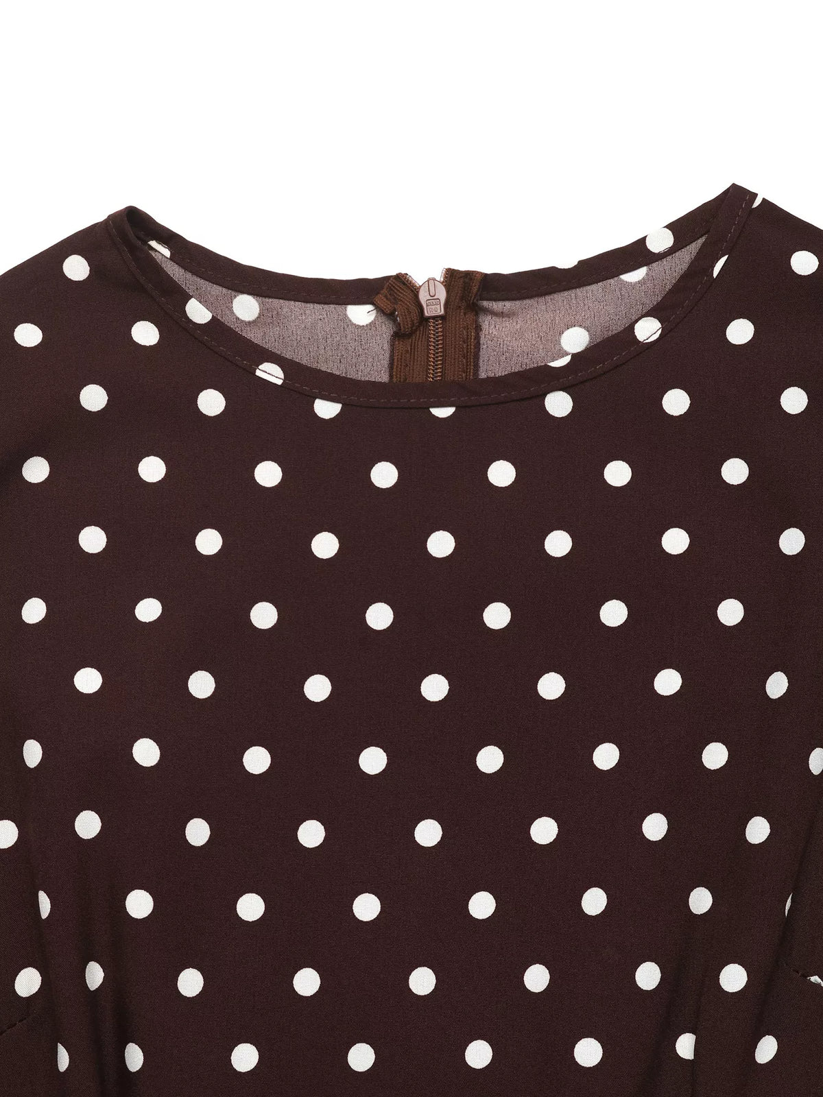 Coffee brown polka dot long-sleeve dress bodice close-up with keyhole trim