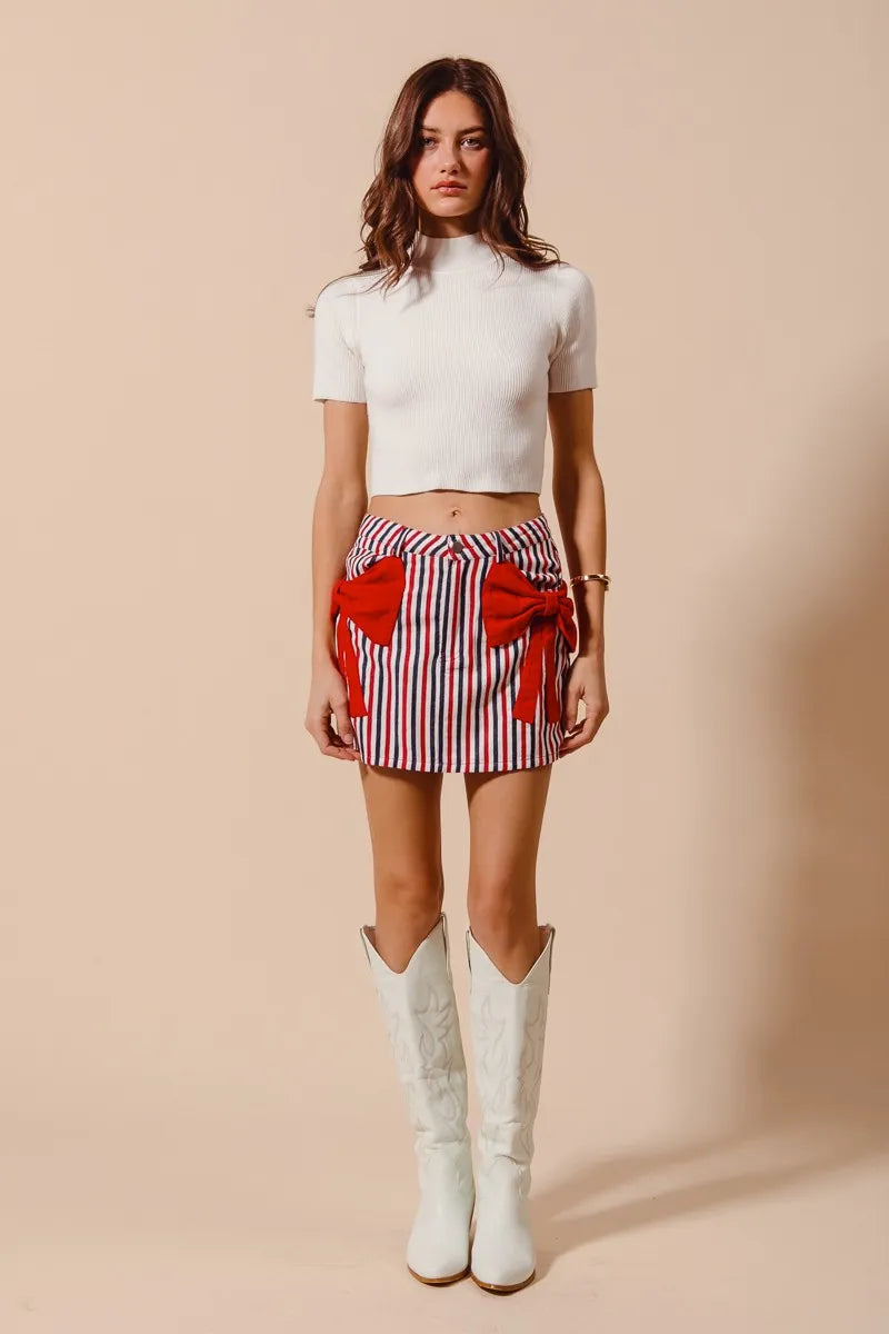 Fourth of July denim skirt with red contrast bow-knot pocket, vertical stripes