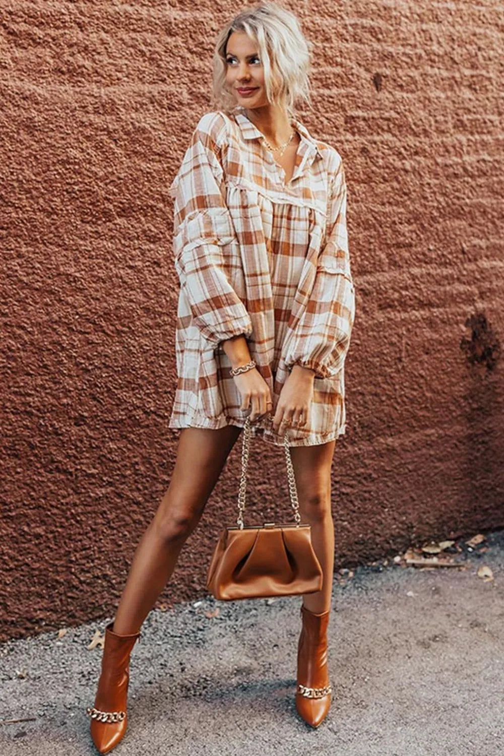 Plaid collared mini shirt dress with long sleeves and button placket, side view