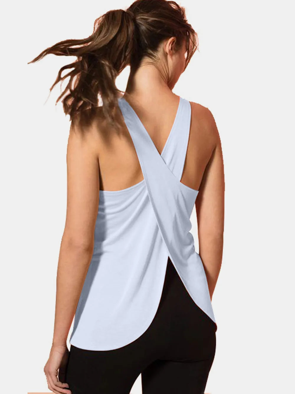 Light blue crisscross scoop neck active tank top with crossed back straps