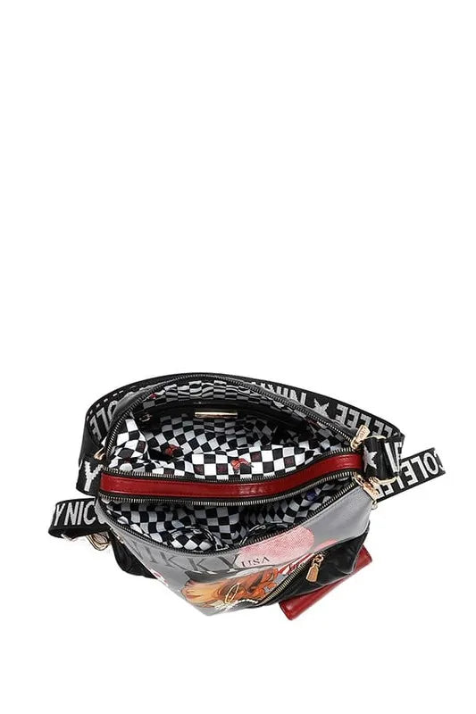 Convertible adjustable strap backpack bag, close-up of top opening with black-and-red interior lining.