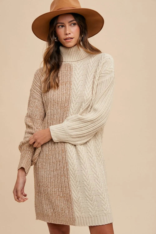 Color-block turtleneck sweater dress with taupe and cream knit, long sleeves