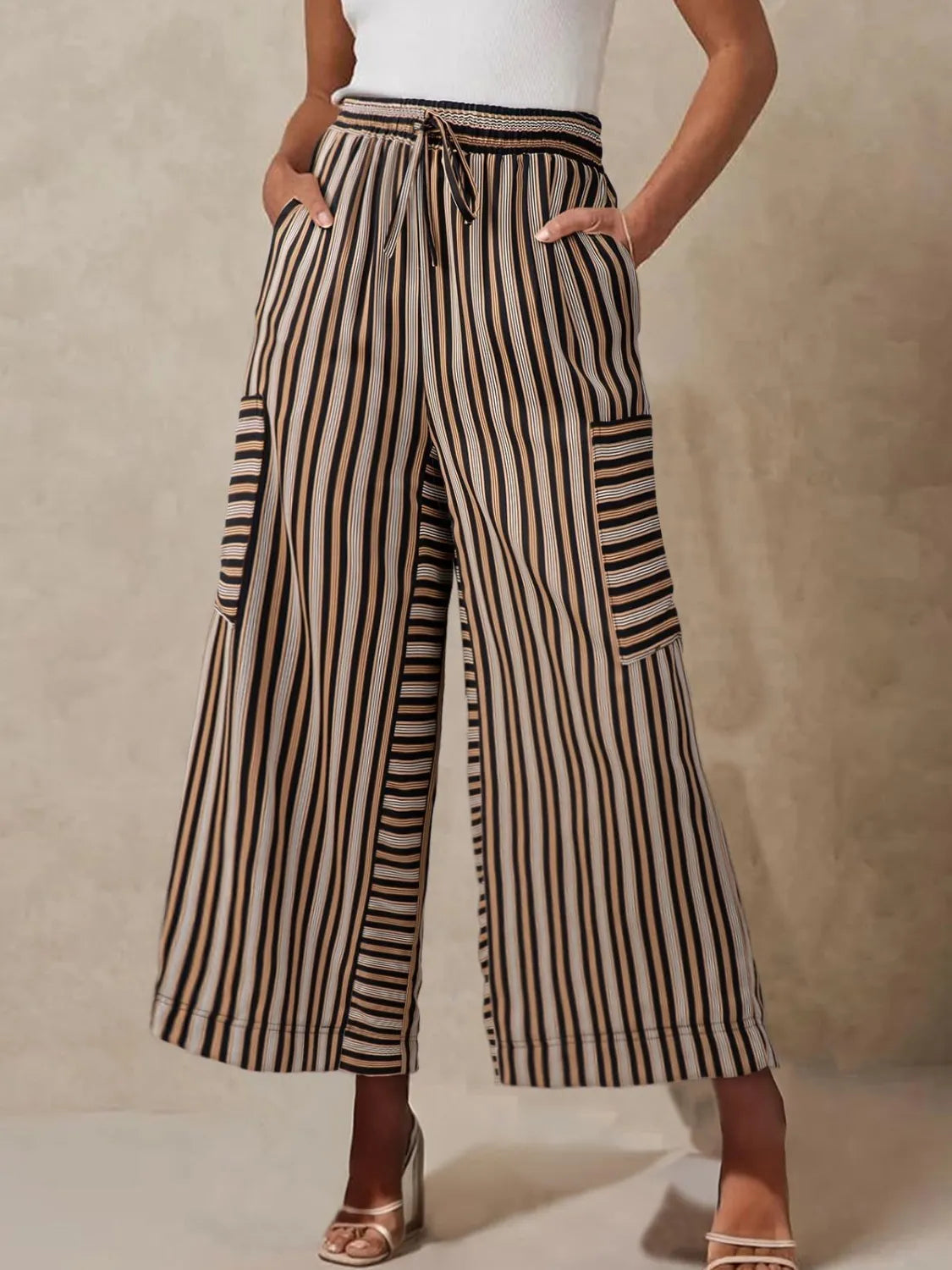Cream and dark striped wide-leg pants with elastic waist and drawstring, patch pockets