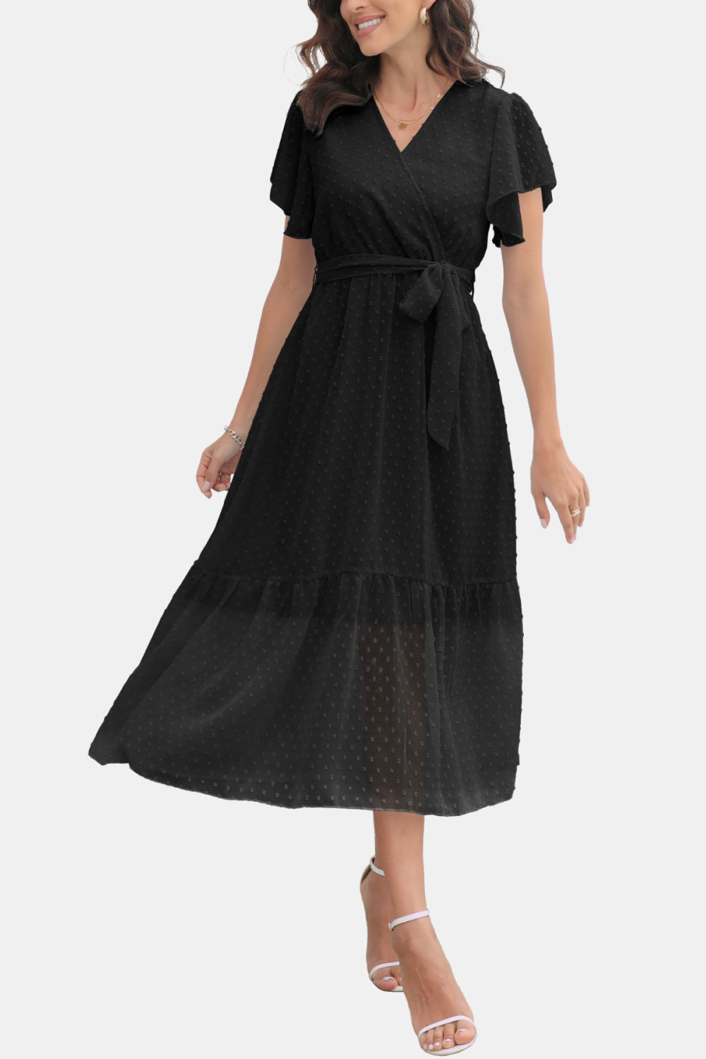 Black surplice V-neck flutter-sleeve dress with tie waist and tiered ruffle hem