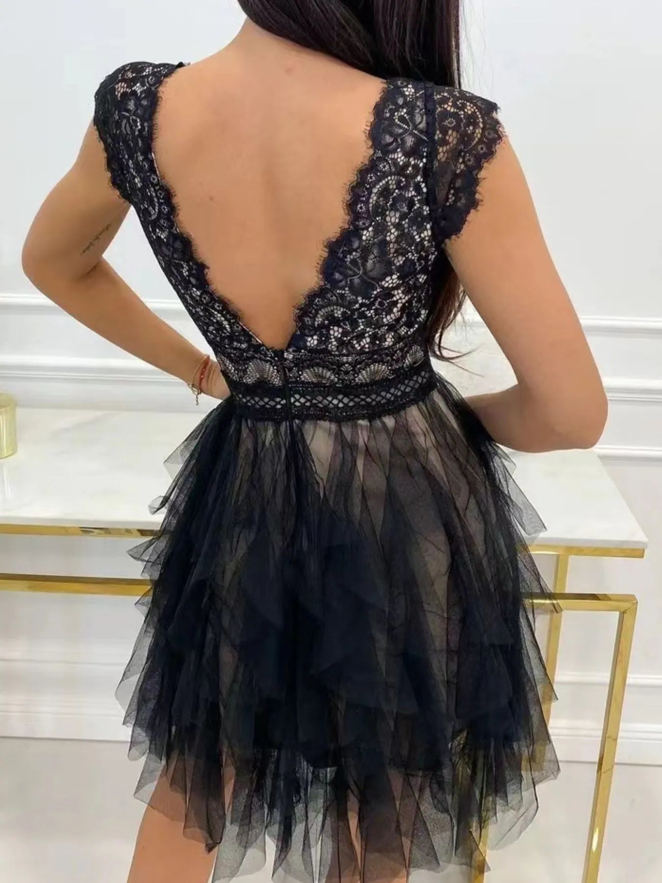 Lace V-Neck Ruffle Dress by Trendsi, black lace bodice with open back, belted waist, layered tulle skirt