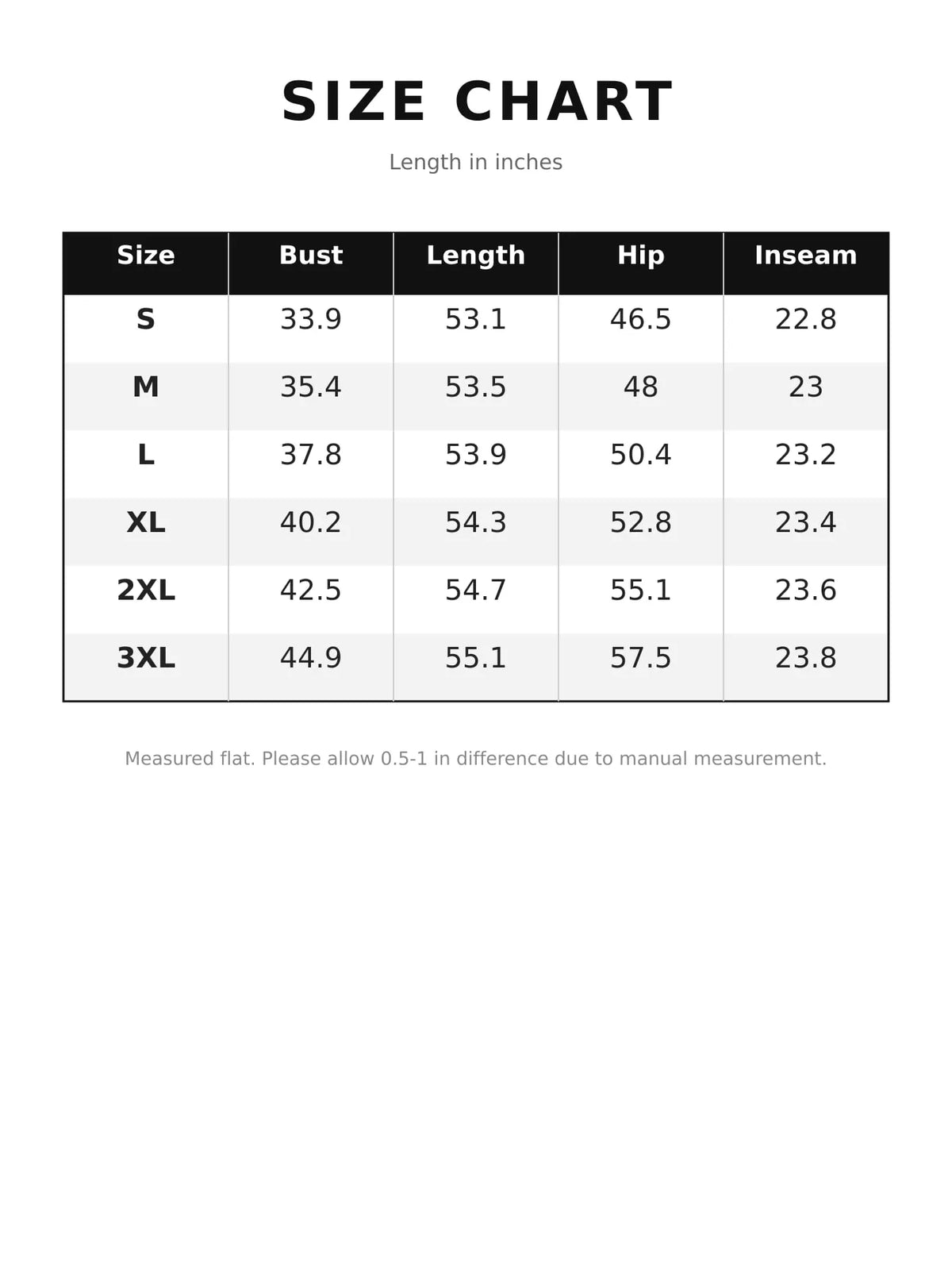 Size chart for jumpsuit: bust, length, hip, and inseam measurements in inches