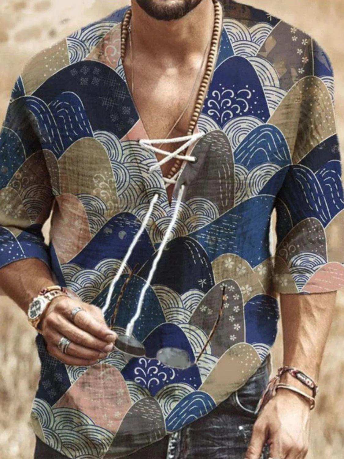 Men's printed lace-up blouse with V-neck, dark blue wave pattern, long sleeves