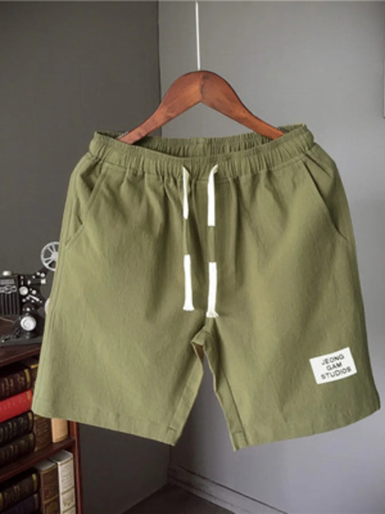 Men's plus size drawstring shorts, olive green with elastic waistband and drawstring