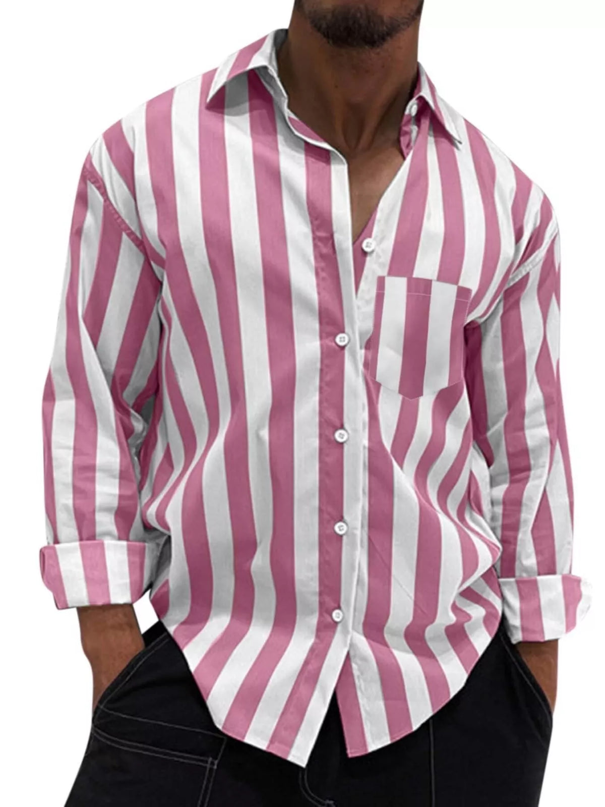 Men's button-up long sleeve shirt with pink and white vertical stripes