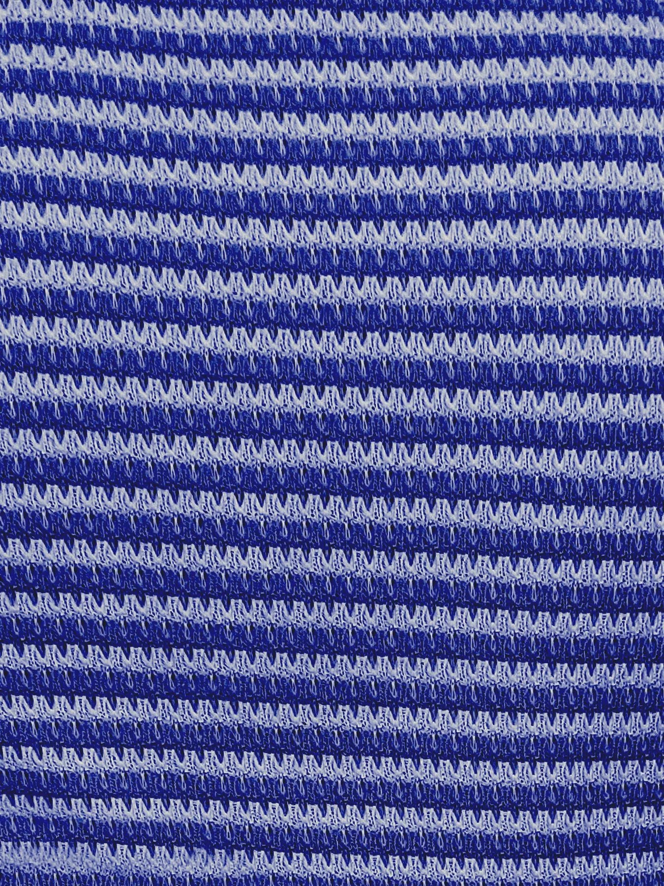 Close-up of blue-and-white striped knit tank top with button-front placket