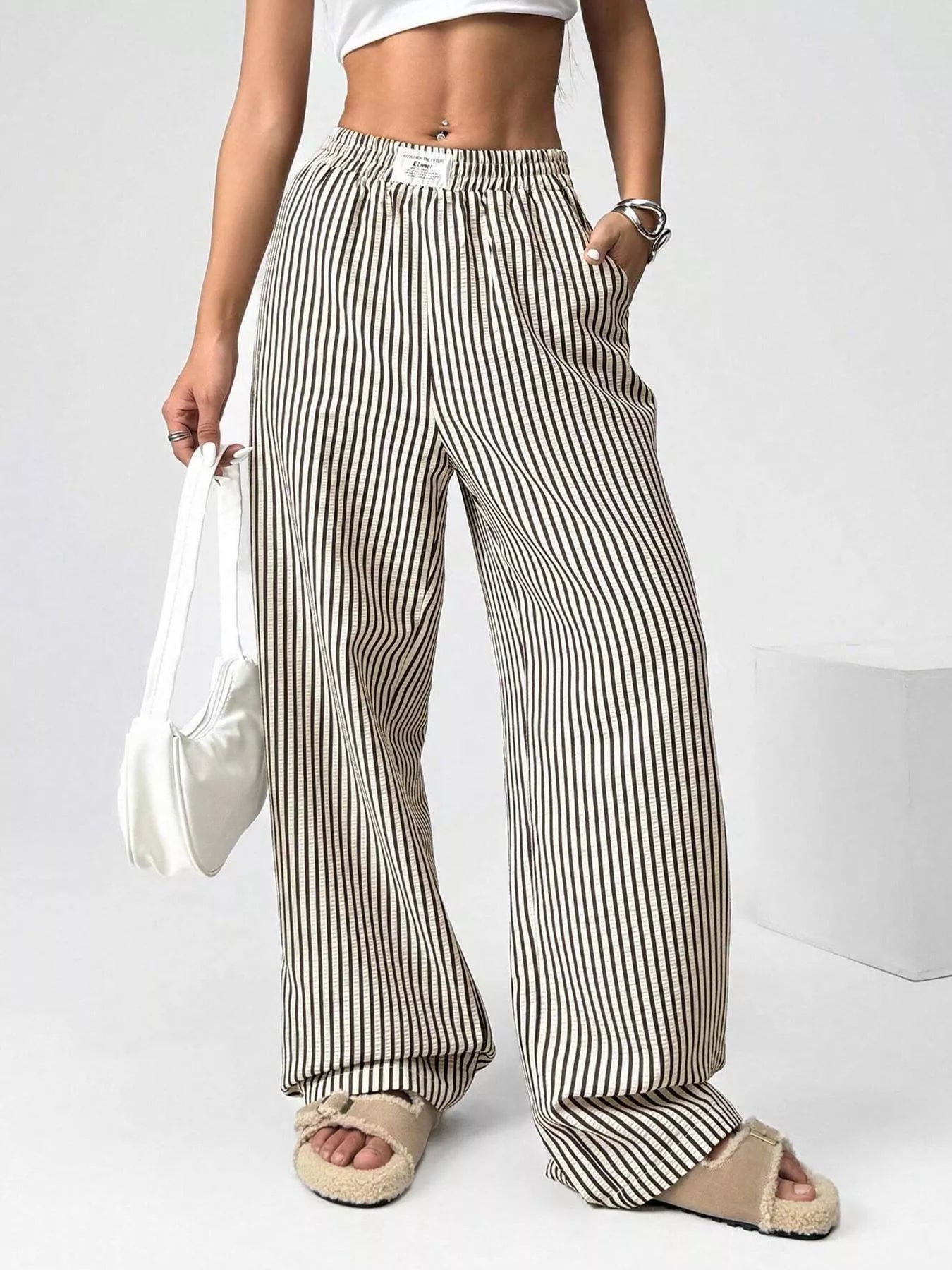 Women’s striped high-waist wide-leg pants, gathered elastic waistband, full front view
