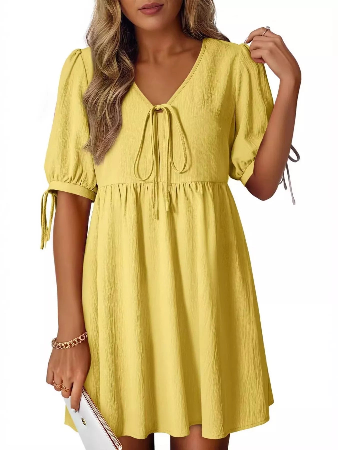 Tie-Neck Puff Sleeve A-Line Mini Dress by Trendsi in yellow