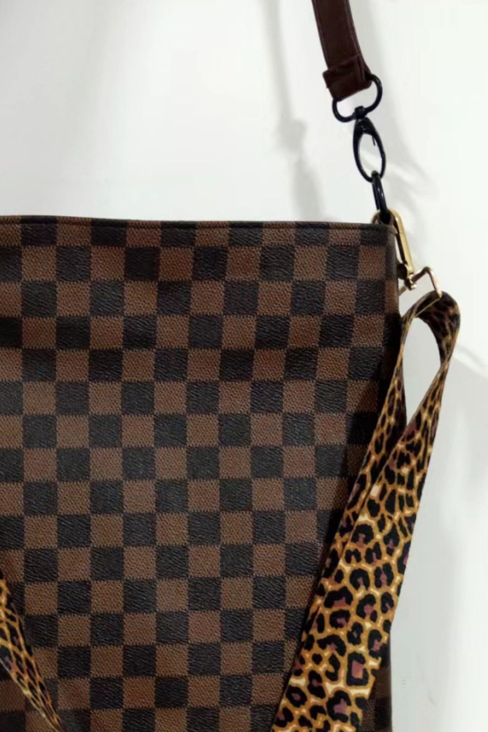 Brown check PU leather shoulder bag side panel with leopard trim crossbody strap