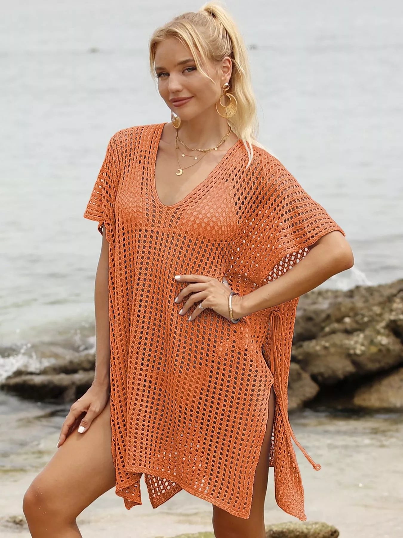 Openwork V-neck slit cover-up, tangerine orange, short sleeves, side tie hem.