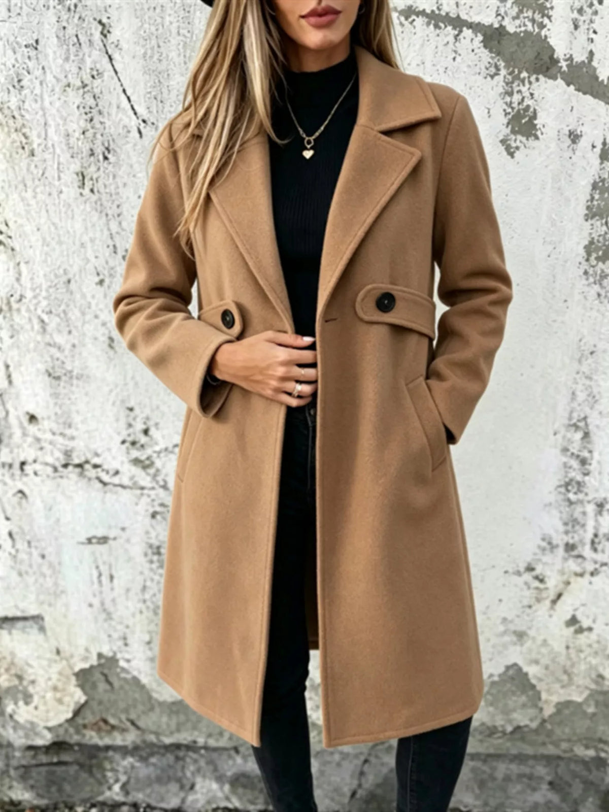 Camel longline polyester coat with notched lapel and button flap pockets