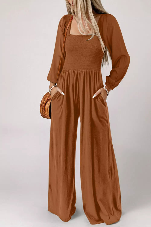 Caramel boho smocked square-neck wide-leg jumpsuit with long puff sleeves