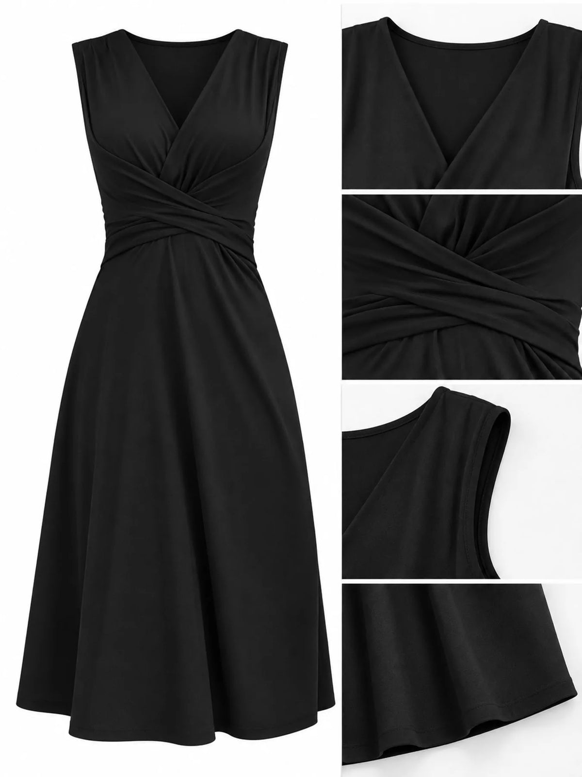 Black sleeveless midi dress detail view of V-neck wrap and gathered waist
