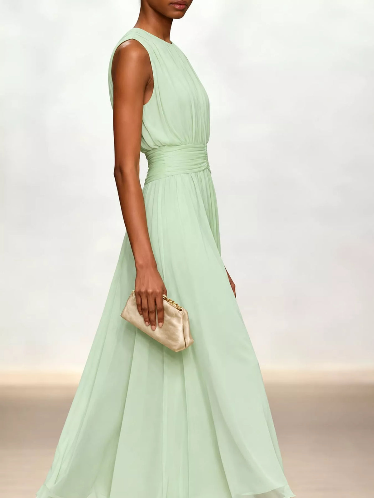 Light green sleeveless ruched chiffon maxi dress, gathered waist and flowing skirt