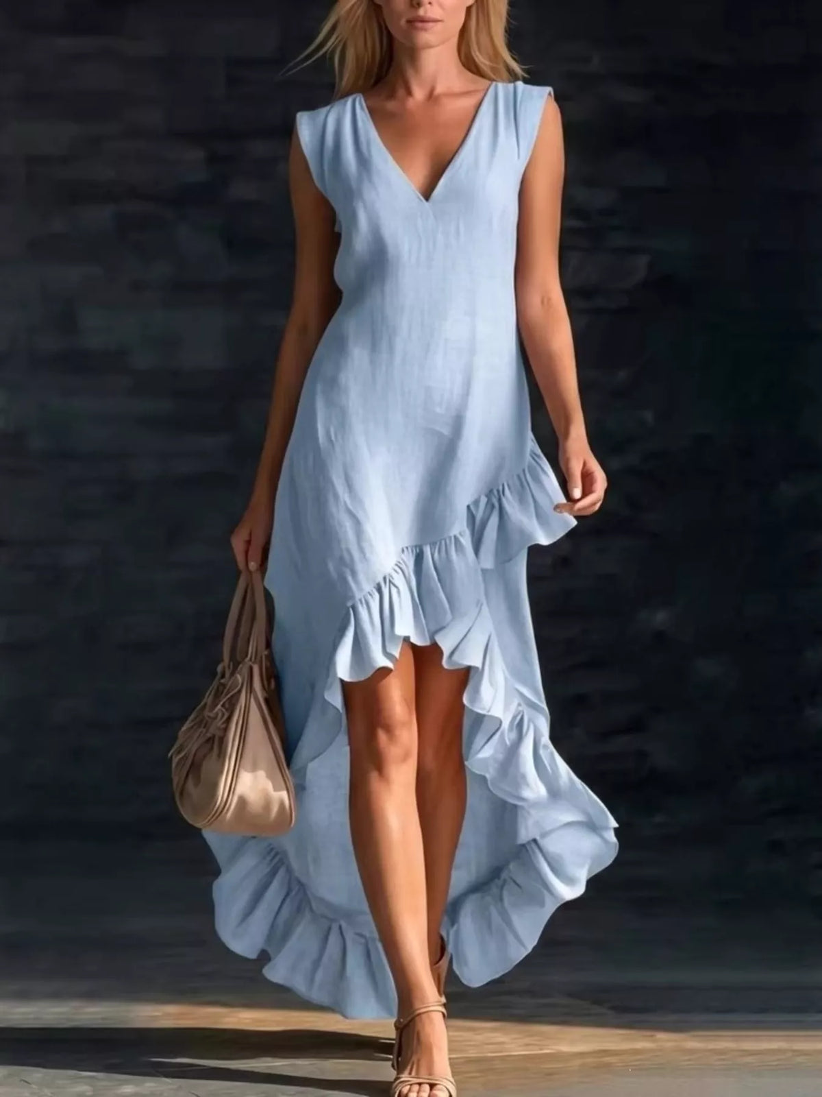 Light blue sleeveless V-neck dress with asymmetrical tiered ruffle hem